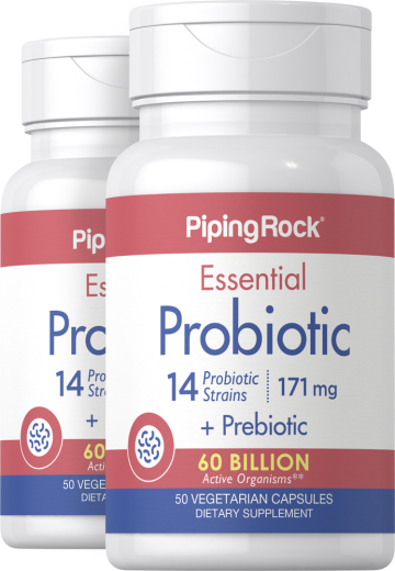Essential Probiotic 14 Strains 60 Billion Organisms + Prebiotic, 50 Vegetarian Capsules, 2  Bottles