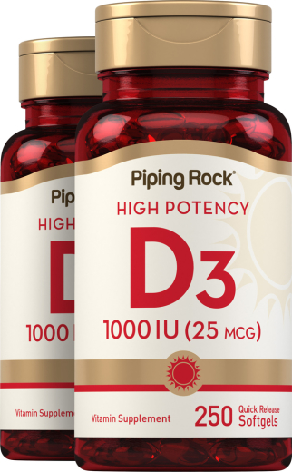 High Potency Vitamin D3, 1000 IU, 250 Quick Release Softgels, 2 Bottles